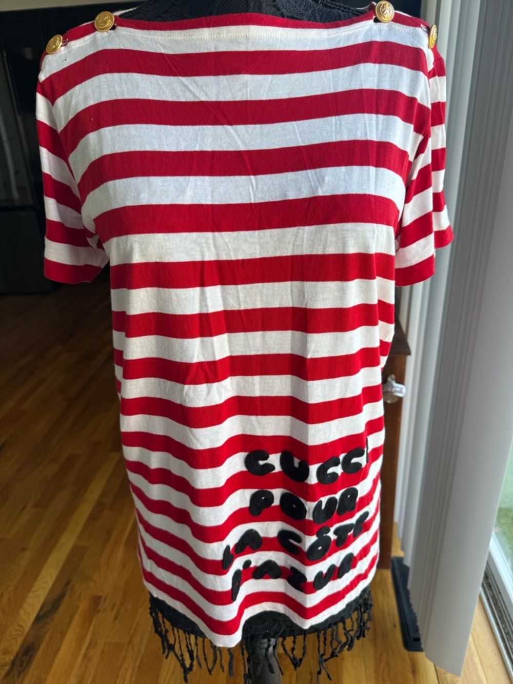 Gucci Red & White Striped Short Sleeve Top with Gold Buttons